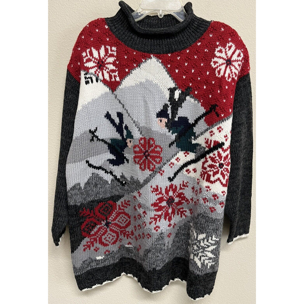 Cozy Ski Motif Crewneck Sweater in Red, Gray & Black